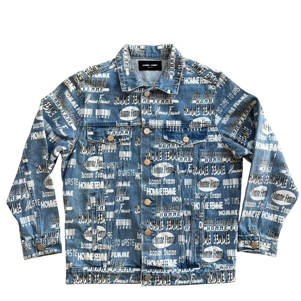 Homme + Femme‎ All Over Print Denim Jacket Mens Size S Blue Barcode Logo
